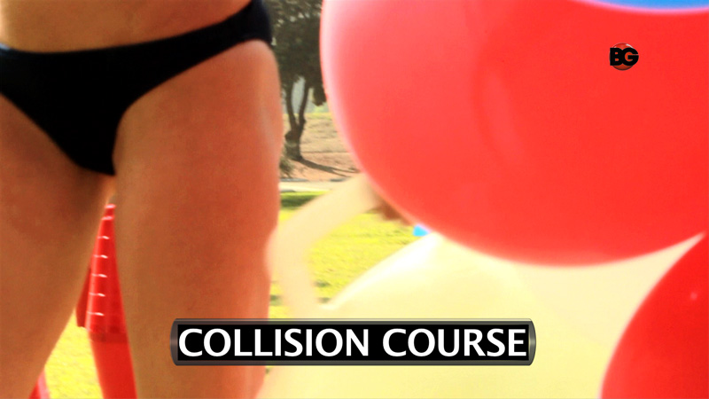 Rolling inside clear, inflated balls around obstacles to the finish line.